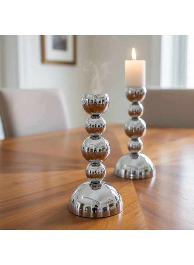 Luxury Silver Candlestick 2 Pcs Set 17cm with a Modern Design Featuring Polished Metal Balls to Enhance your Home Decor - Image 1